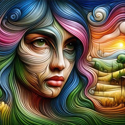 The primary subject of the image is a woman with long hair, painted in a vibrant and colorful manner. The setting is a field with a sunset in the background, creating a serene and picturesque atmosphere. The visual style is a combination of digital art and illustration, showcasing the artist's skill in capturing the woman's features and the surrounding environment. The colors and mood of the image are predominantly warm and inviting, with the woman's hair and the sunset's h